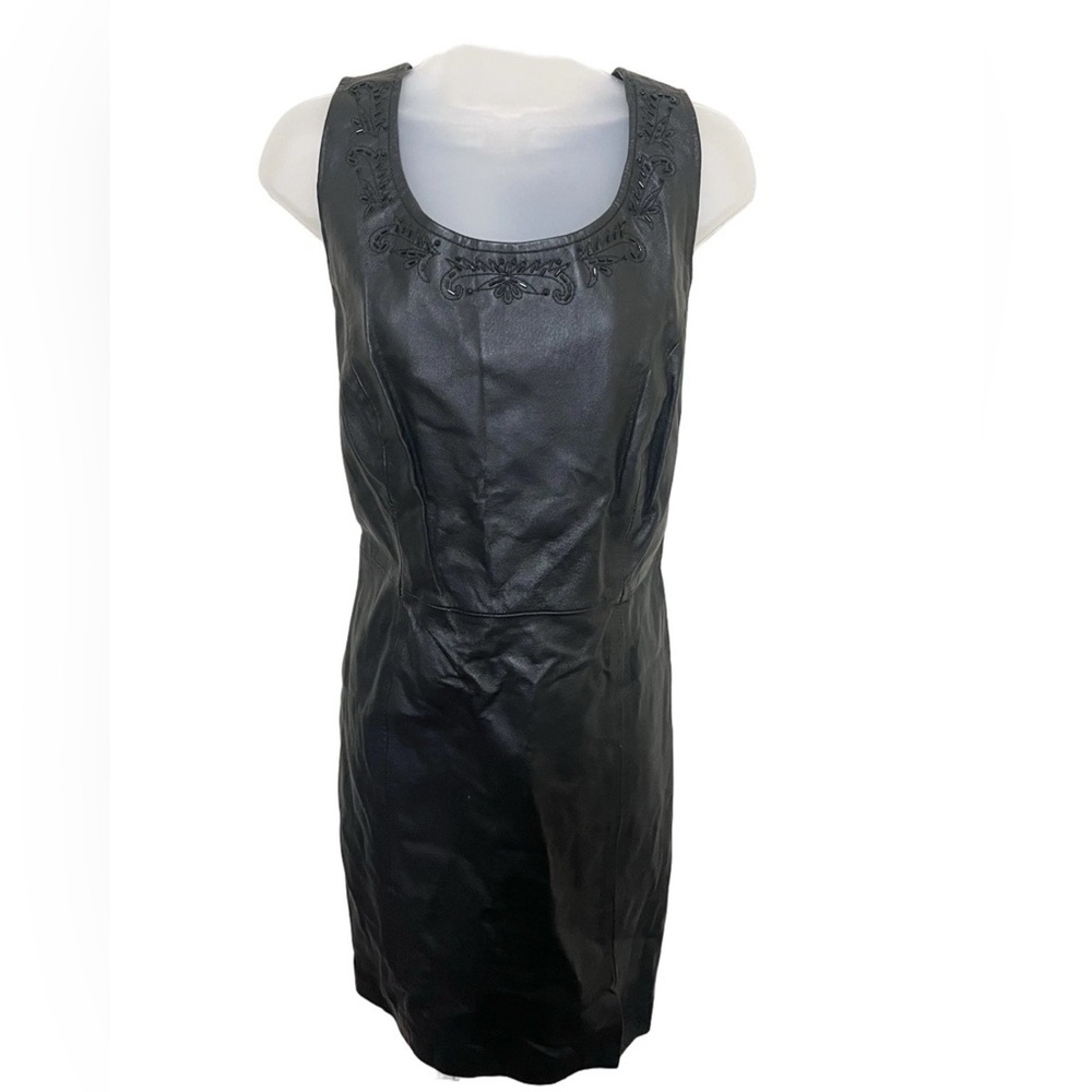 David Benjamin 12 Leather Beaded Neck Dress Sheath Sleeveless Black Women